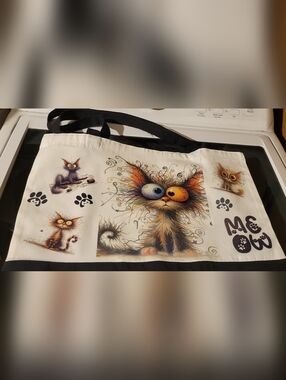 HandMade Canvas Cat Tote Bag with Colorful Whimsical Cat Art - White/Orange